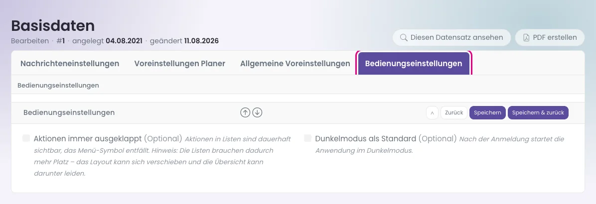 Reiter „Bedienungseinstellungen".