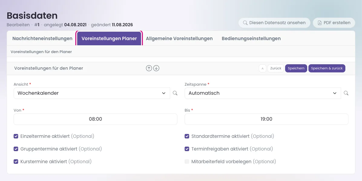 Reiter „Voreinstellungen Planer".