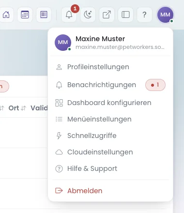 Das geöffnete Profil-Menü.