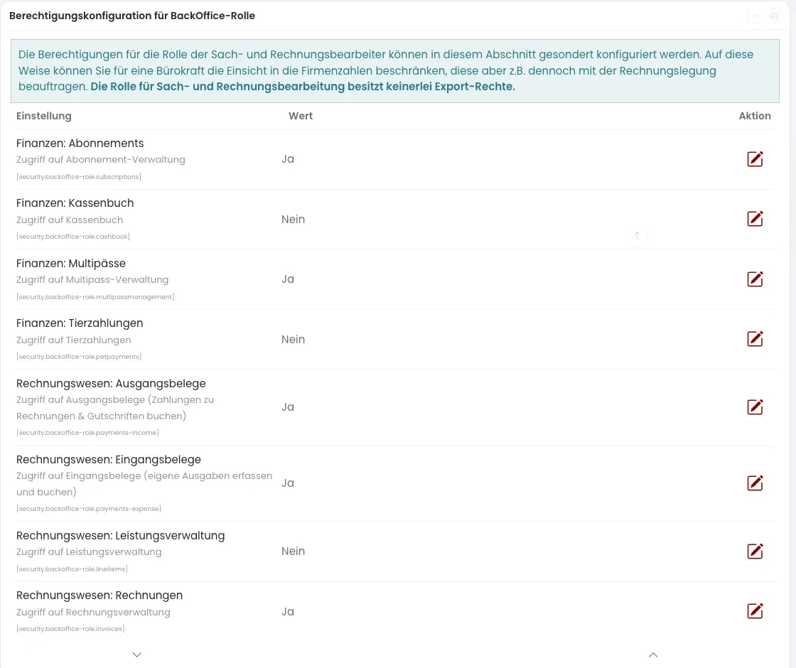 Einstellungen: Berechtigungskonfiguration für BackOffice-Rolle