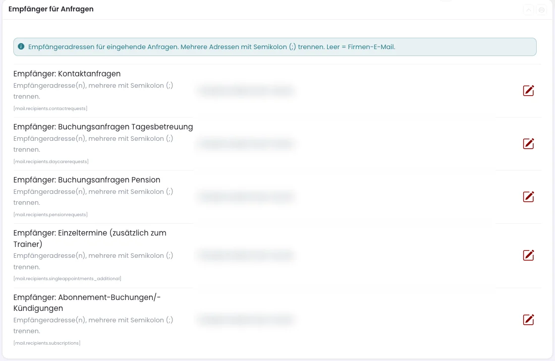 E-Mail-Einstellungen: Empfänger für Anfragen