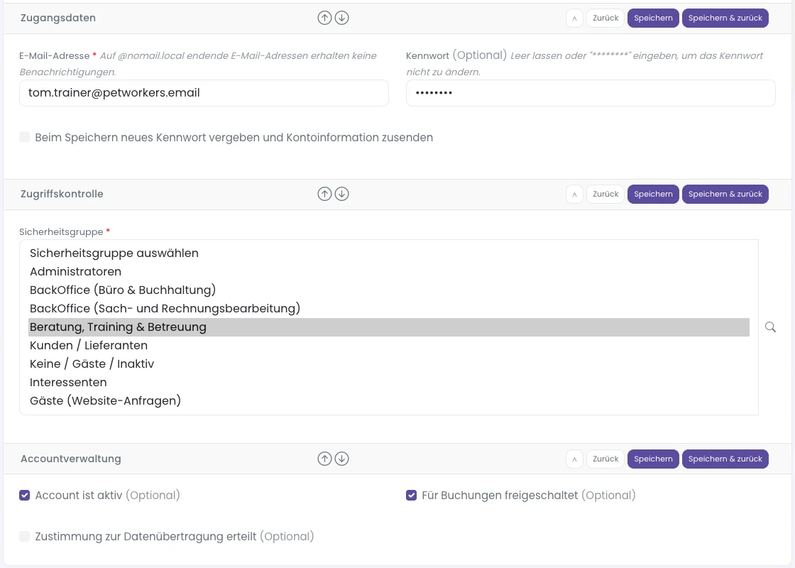 Kontaktformular: Zugangsdaten, Zugriffskontrolle und Accountverwaltung