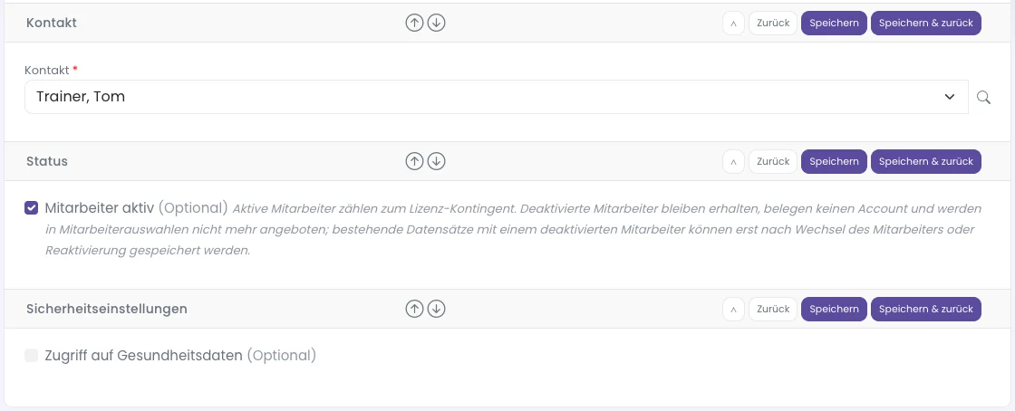 Mitarbeiterformular: Kontakt, Status und Sicherheitseinstellungen