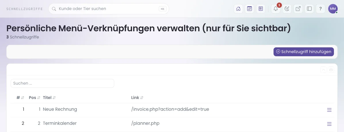Die Liste deiner Schnellzugriffe; oben in der Kopfleiste stehen sie als Symbole.