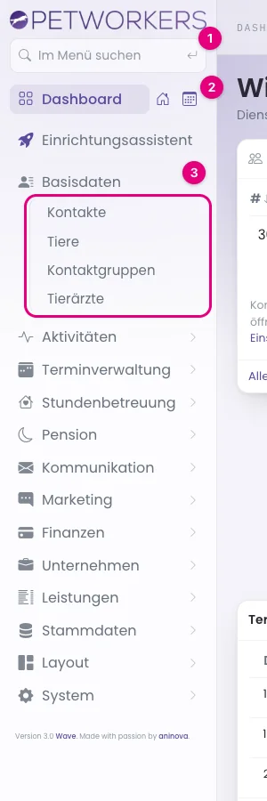 Die Seitenleiste mit aufgeklappter Gruppe „Basisdaten".