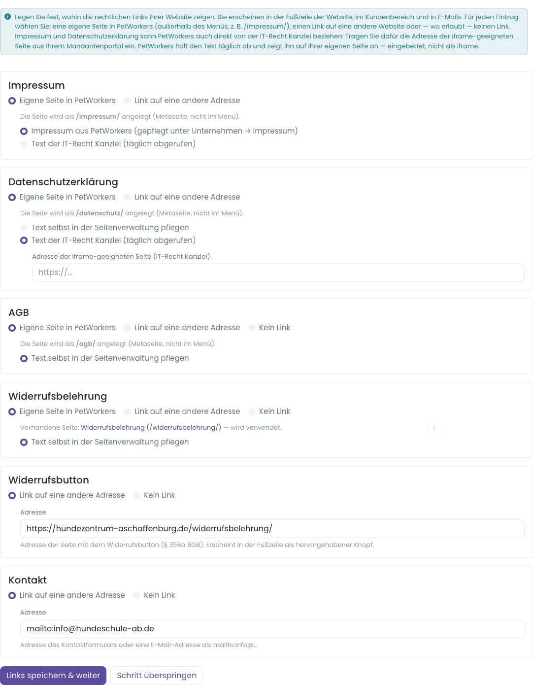 Schritt „Rechtliches": eigene Seiten für Impressum, Datenschutz und AGB, Datenschutz mit dem Text der IT-Recht Kanzlei