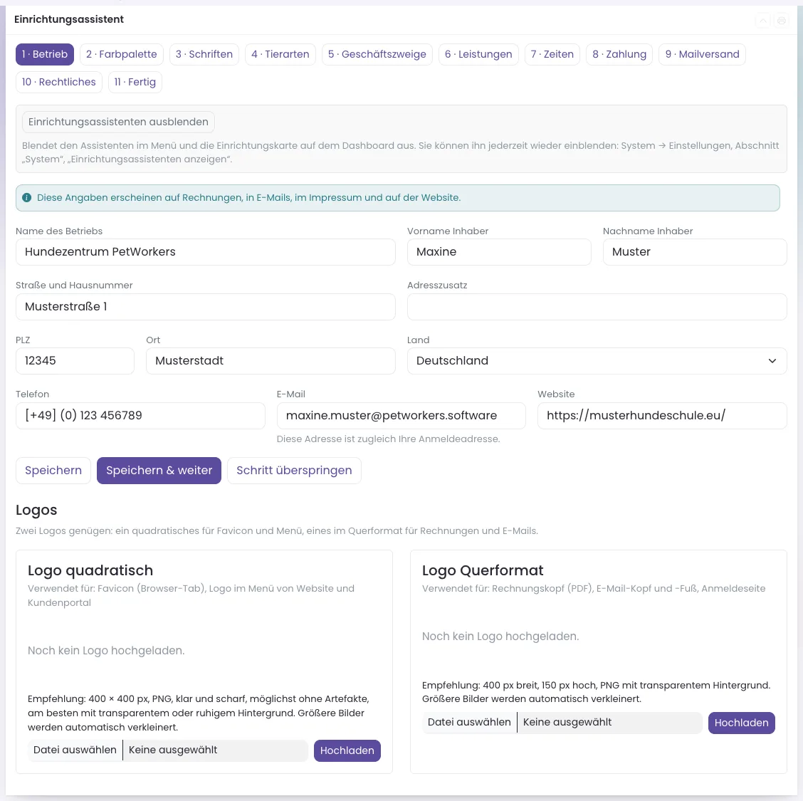 Schritt 1 Betrieb mit Betriebsdaten und Logos