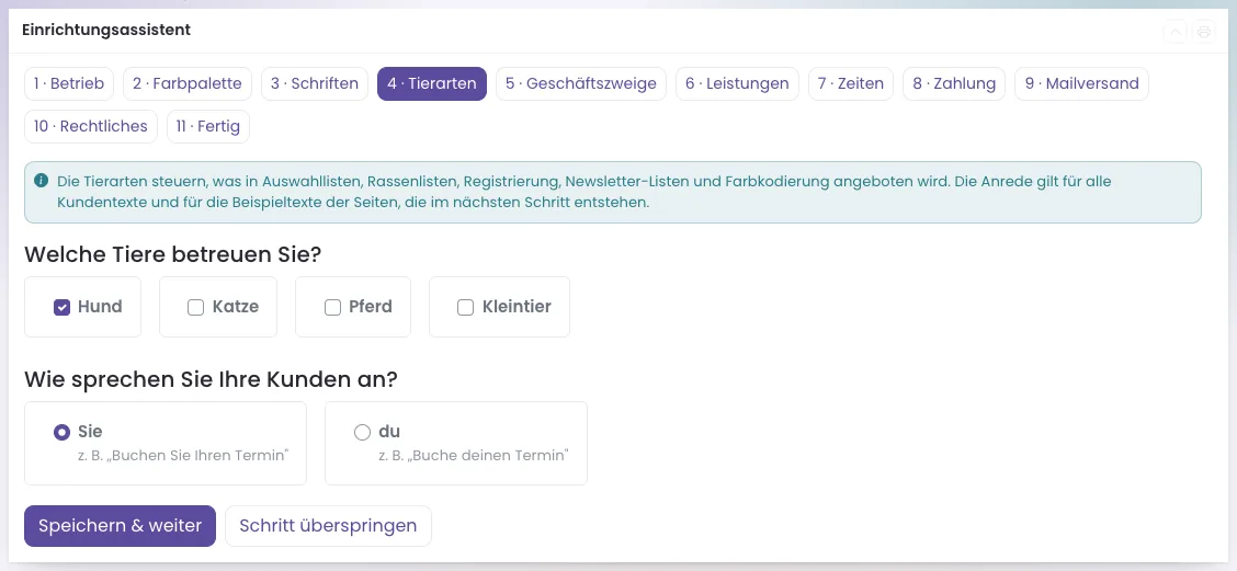 Schritt 4 Tierarten und Anrede