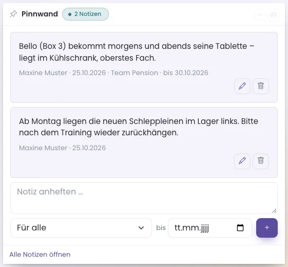 Dashboard-Kachel Pinnwand mit zwei Notizen und dem Eingabefeld darunter