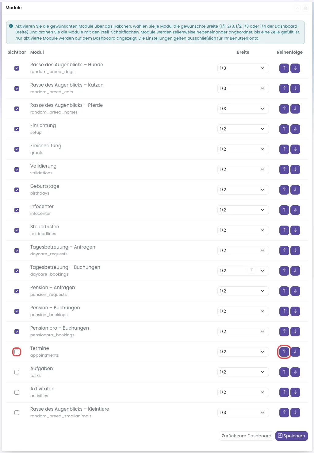 Dashboard konfigurieren mit allen Kacheln