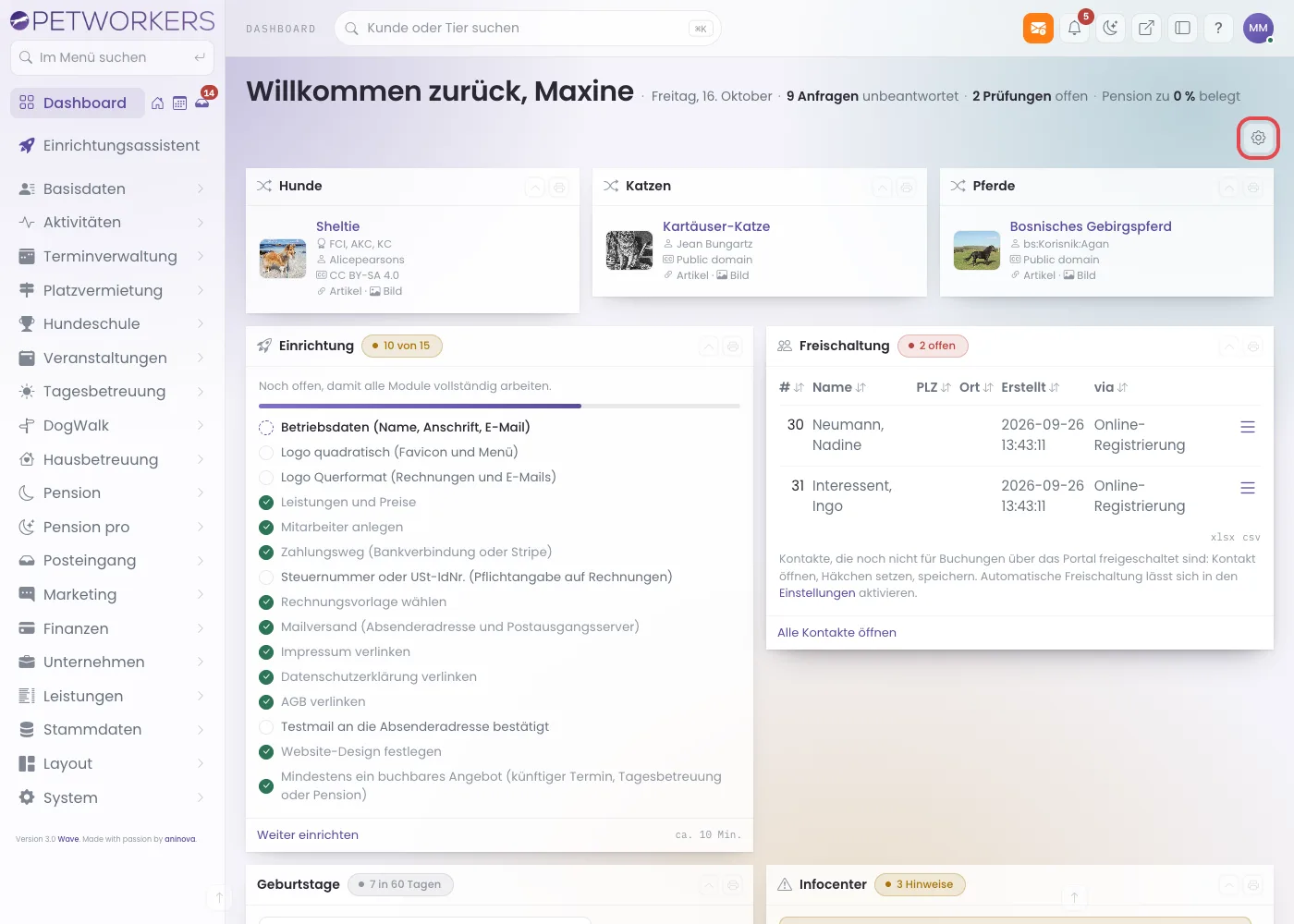 Dashboard mit Begrüßung, Rasse-Kacheln, Einrichtung und Freischaltung