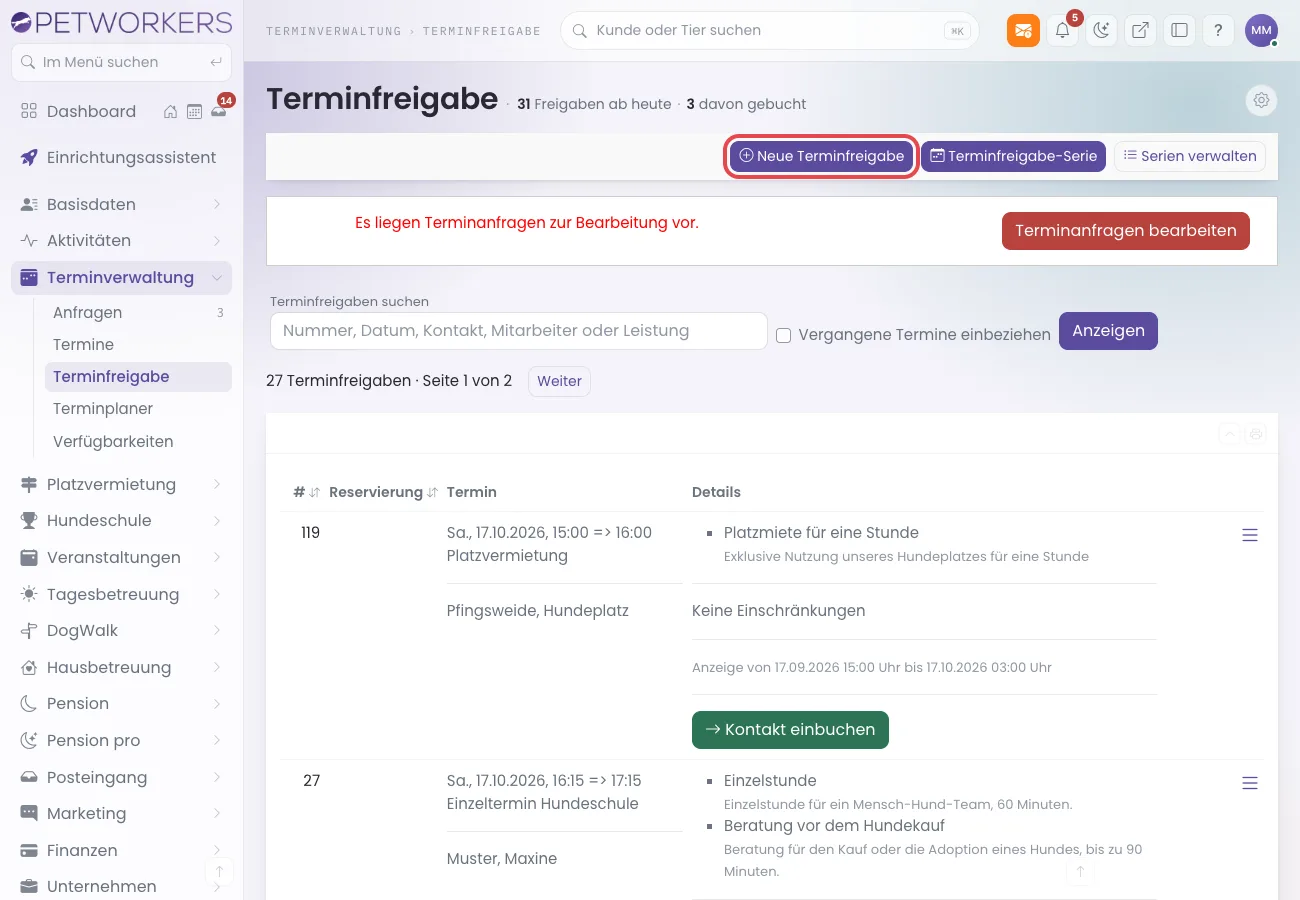 Terminverwaltung Terminfreigabe
