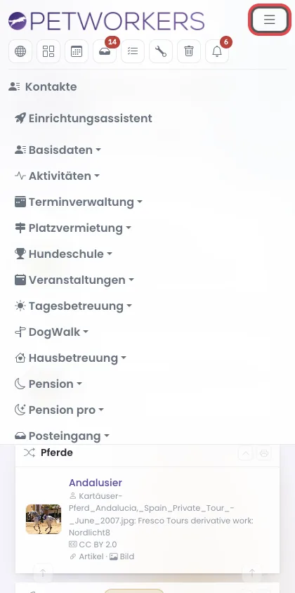 PetWorkers auf dem Handy mit aufgeklapptem Menü