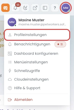 Geöffnetes Profil-Menü mit dem Eintrag Profileinstellungen