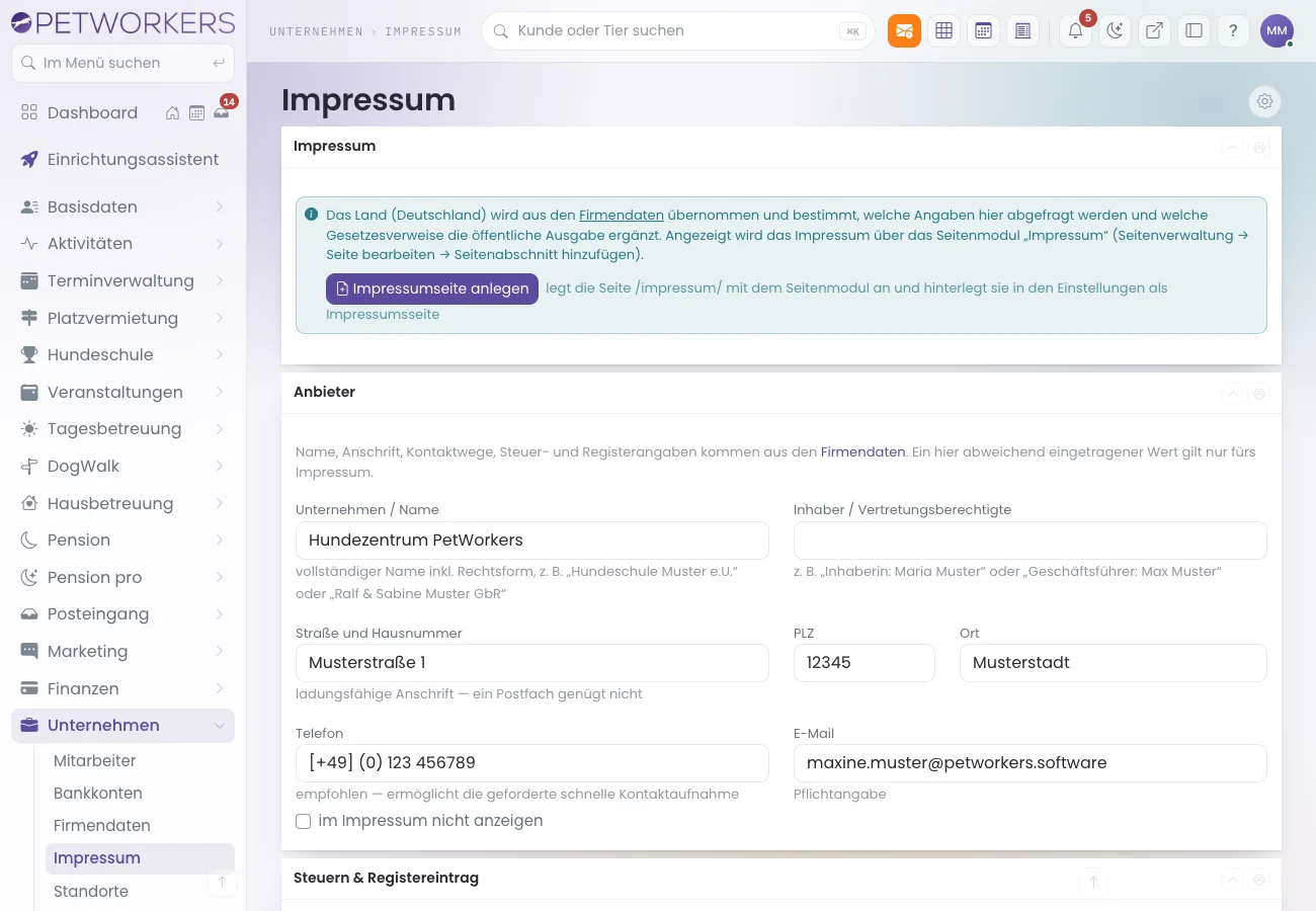 Unternehmen Impressum mit den Angaben zum Anbieter