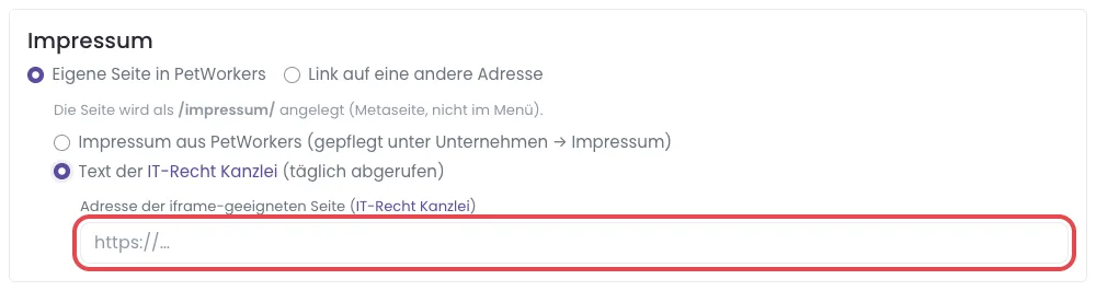 Impressum mit Text der IT-Recht Kanzlei und Adressfeld