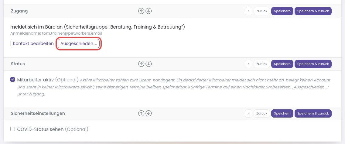 Mitarbeiterformular: Zugang, Status und Sicherheitseinstellungen