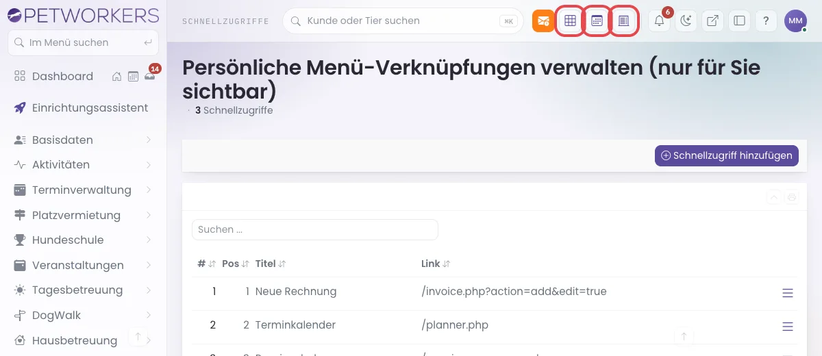 Seite Schnellzugriffe mit drei Einträgen, oben in der Kopfleiste die drei Symbole