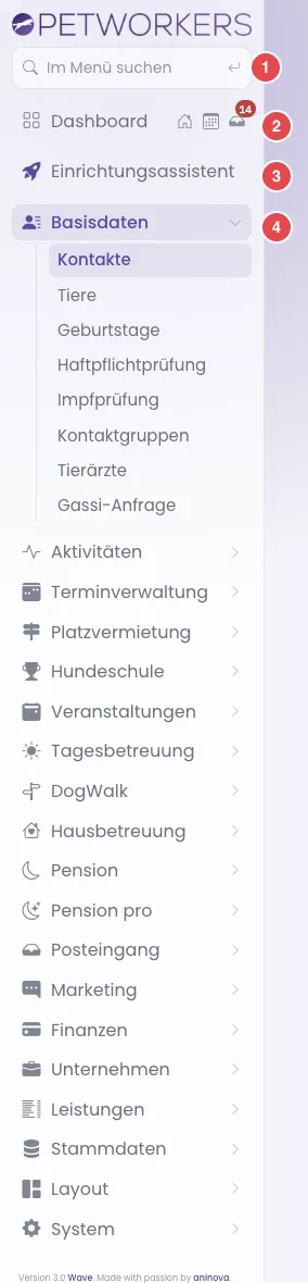 Die Seitenleiste mit nummerierten Teilen und aufgeklappter Gruppe Basisdaten