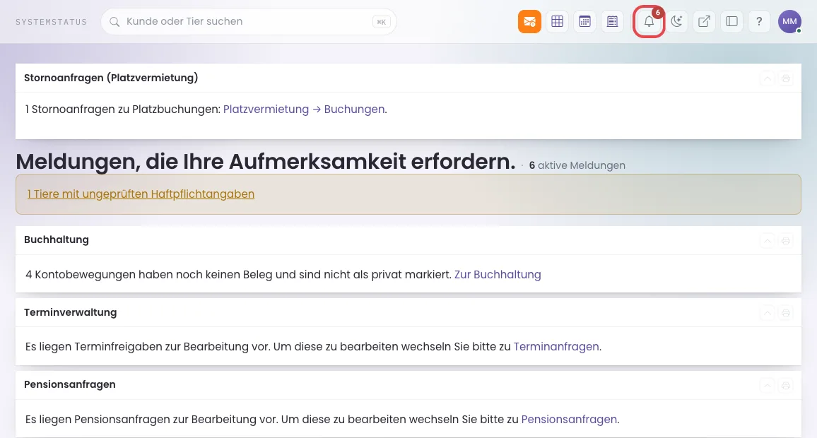 Systemstatus mit mehreren Meldungen, die Glocke ist markiert