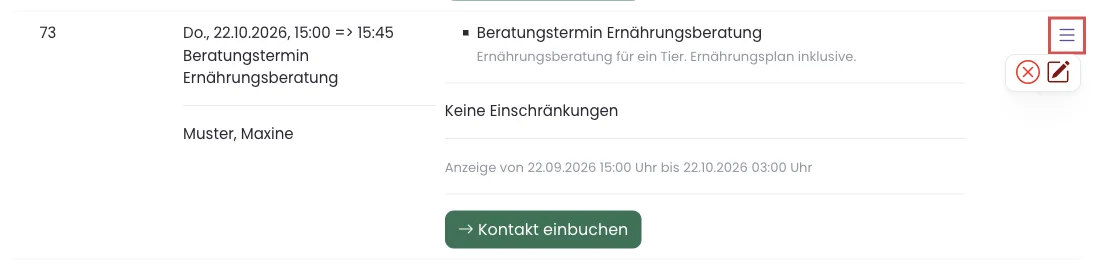 Geöffnetes Zeilenmenü unter den drei Strichen einer Listenzeile