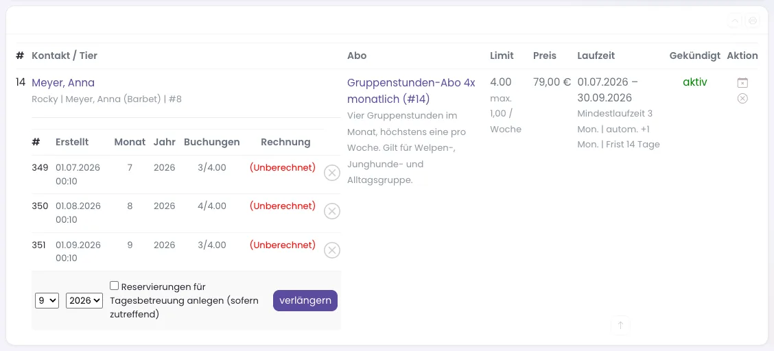Zeile eines Abos unter Finanzen → Abonnements