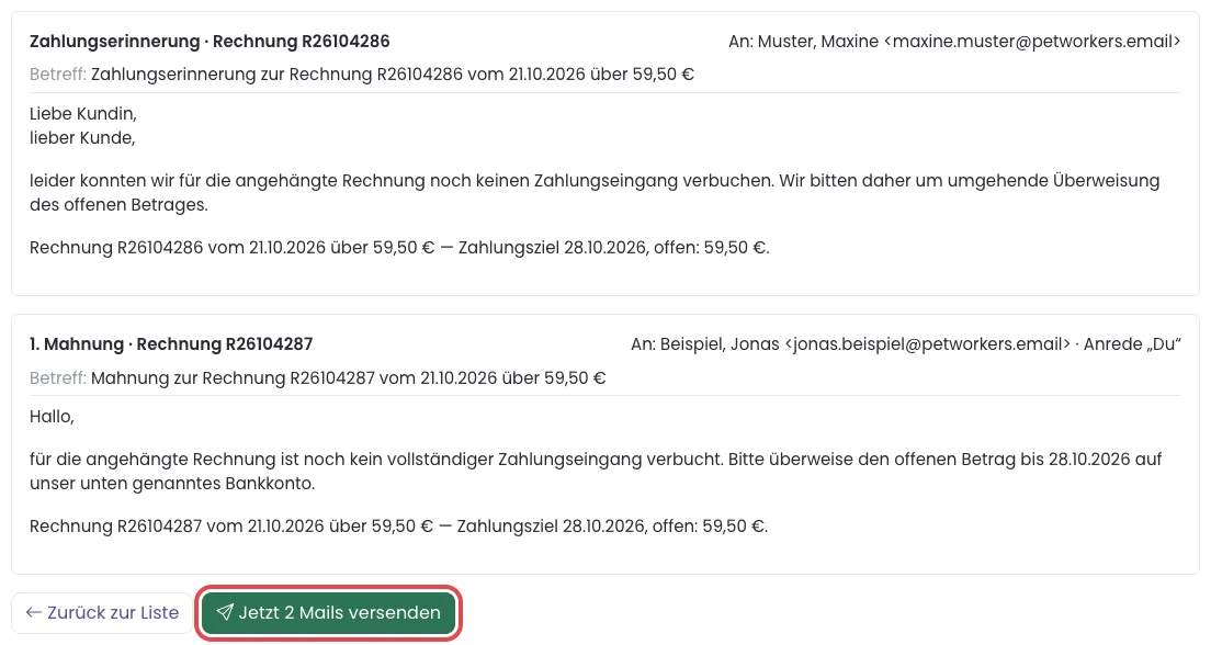 Vorschau mit zwei Mails, der Knopf Jetzt 2 Mails versenden ist rot markiert