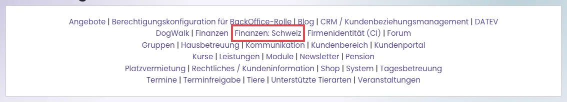 Bereichsauswahl der Einstellungen mit rot markiertem Bereich Finanzen: Schweiz