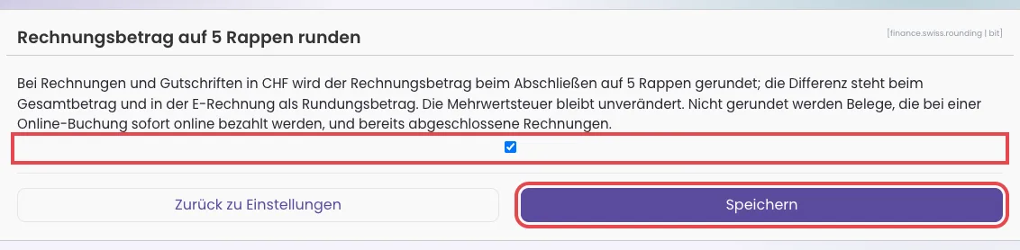 Bearbeiten der Einstellung mit rot markiertem Haken und rot markiertem Knopf Speichern