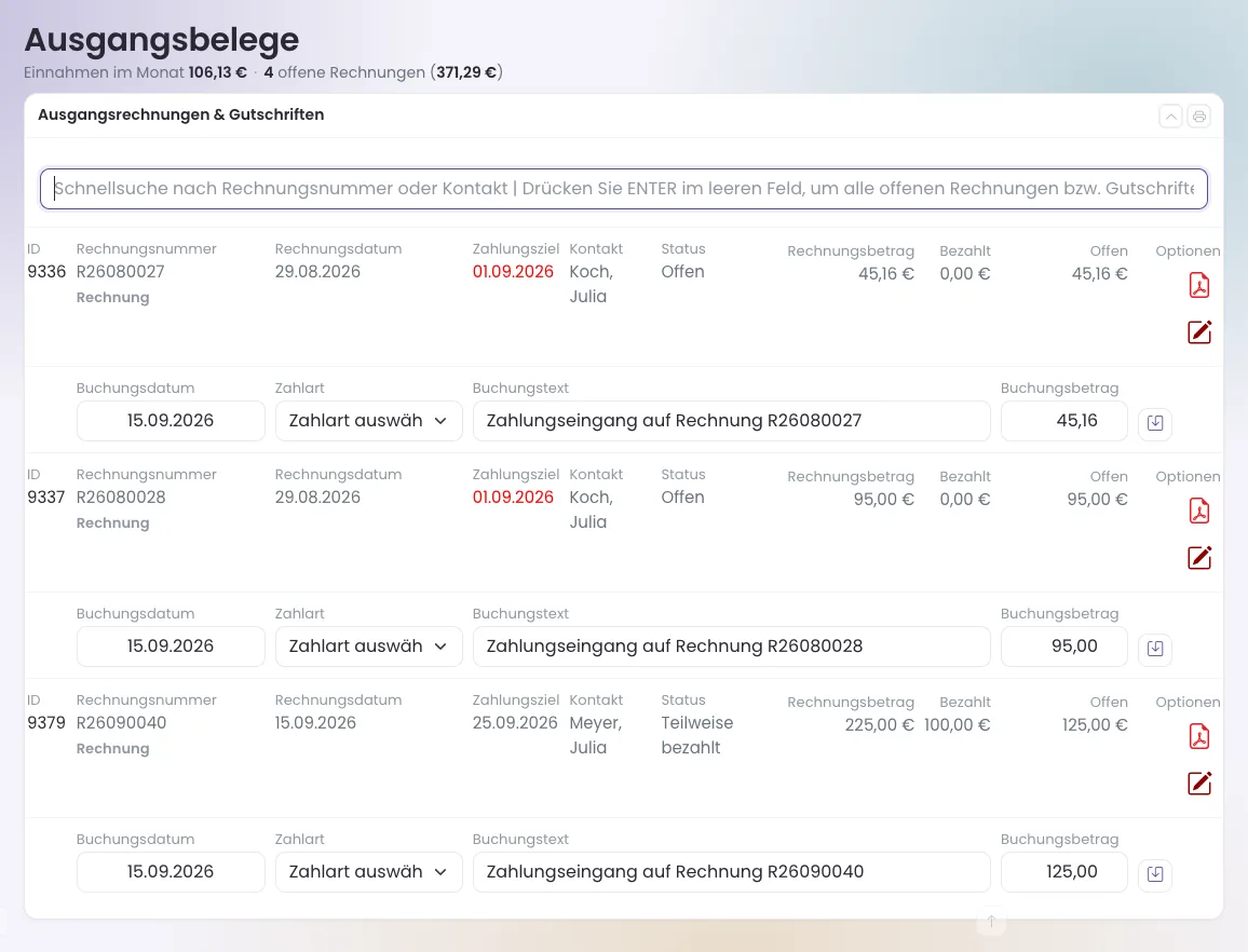 Ausgangsbelege mit drei offenen Rechnungen und Eingabezeilen