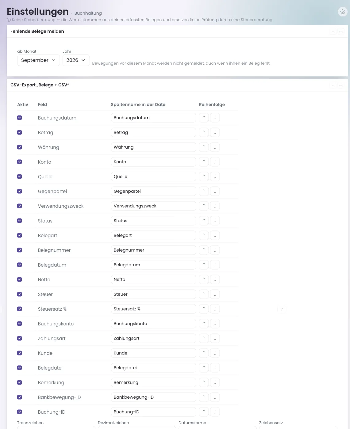 Einstellungen der Buchhaltung mit Belegmeldung, CSV-Aufbau und BMD-Angaben