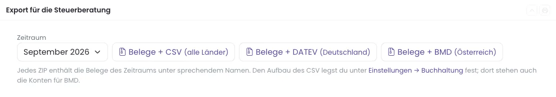 Export für die Steuerberatung mit Zeitraum und drei Knöpfen