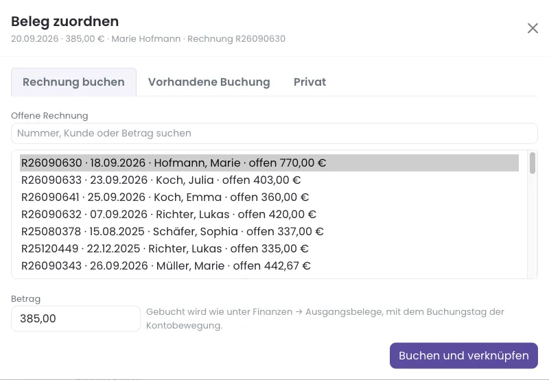 Dialog Beleg zuordnen mit vorausgewählter Rechnung aus dem Verwendungszweck