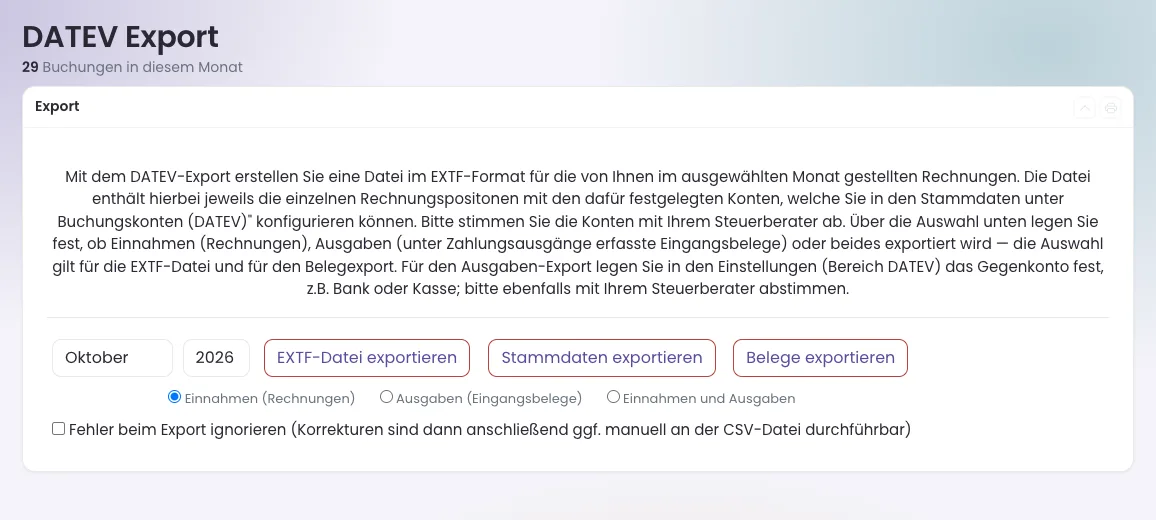 Maske DATEV Export mit Monat, Jahr und den drei Export-Knöpfen