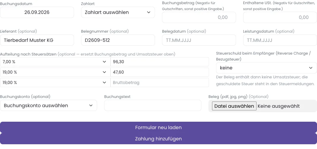 Eingangsbeleg mit Lieferant, Belegnummer und Aufteilung auf 7 % und 19 %