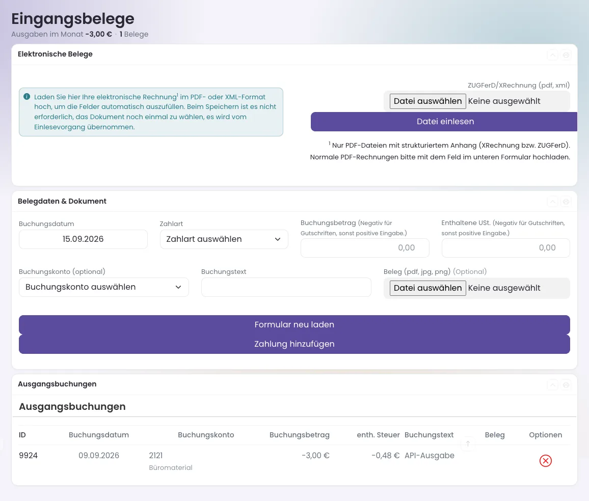 Eingangsbelege mit Upload für E-Rechnungen, Formular und Liste