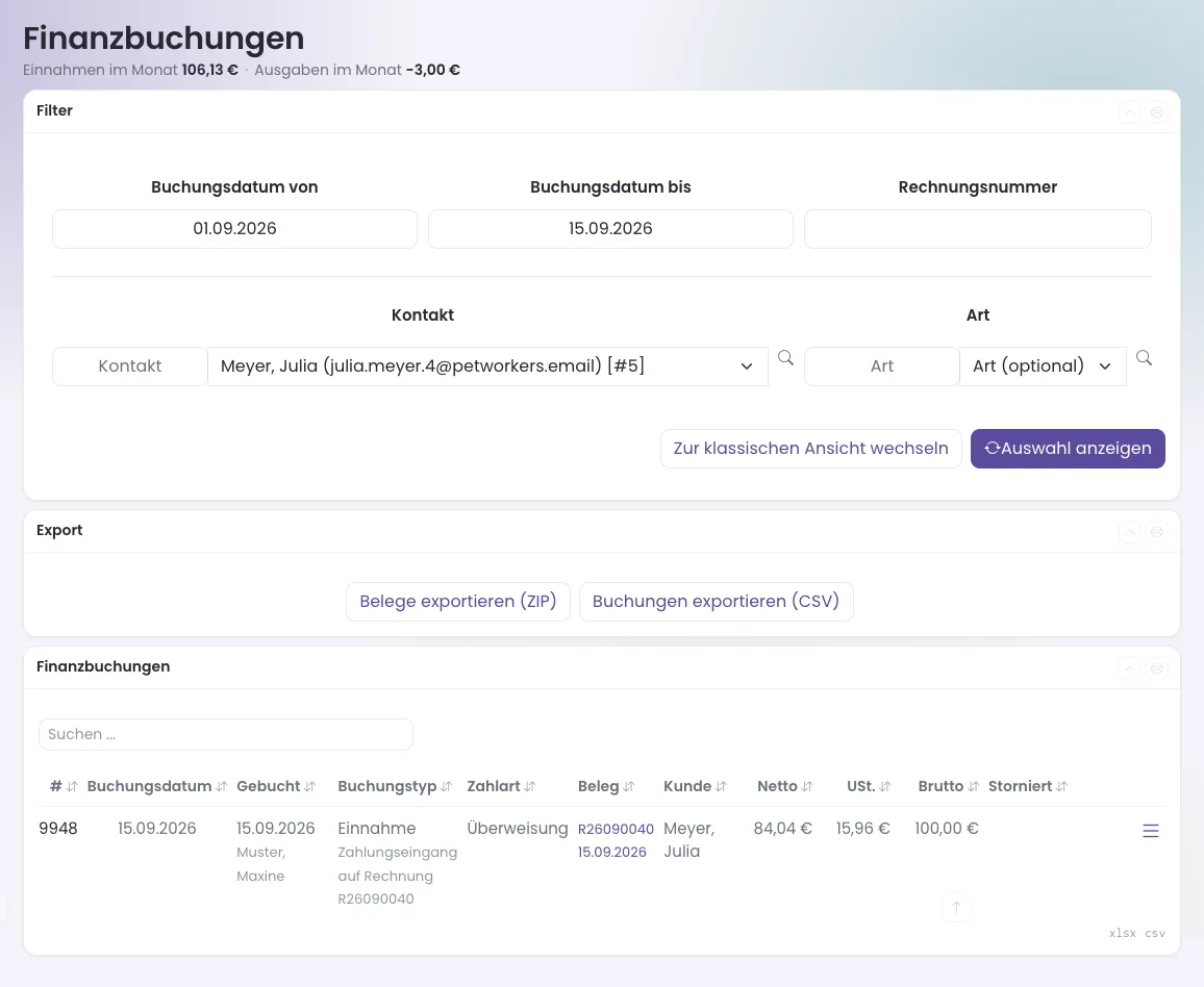 Finanzbuchungen gefiltert nach einem Kunden