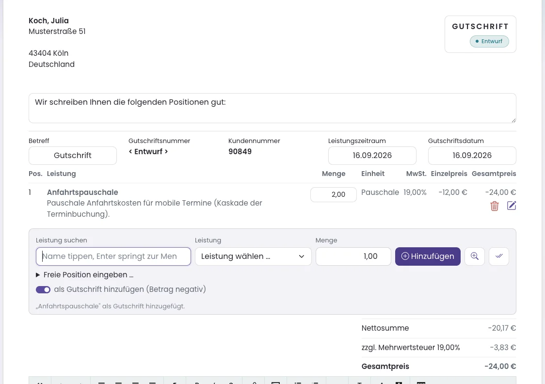 Gutschrift-Entwurf mit negativer Position und eingeschaltetem Gutschrift-Schalter