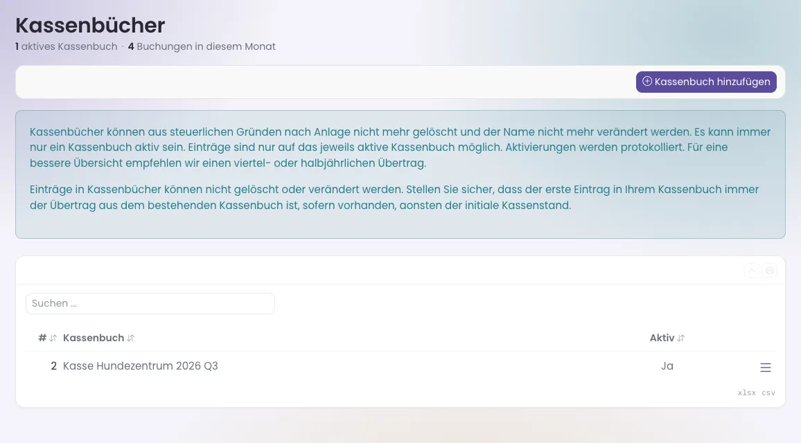 Liste der Kassenbücher mit Hinweistext
