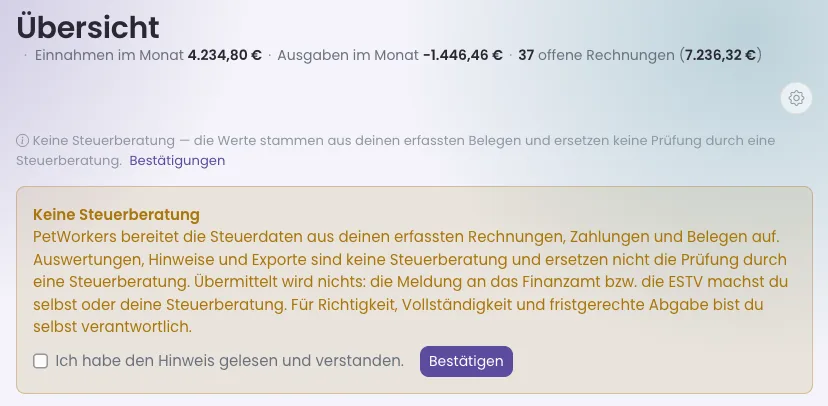 Finanzübersicht mit der Kurzzeile Keine Steuerberatung und dem Link Bestätigungen im Seitenkopf, darunter der gelbe Kasten mit Haken und Knopf Bestätigen