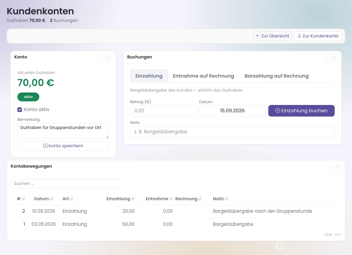 Kundenkonto mit Guthaben, Buchungsreitern und Kontobewegungen