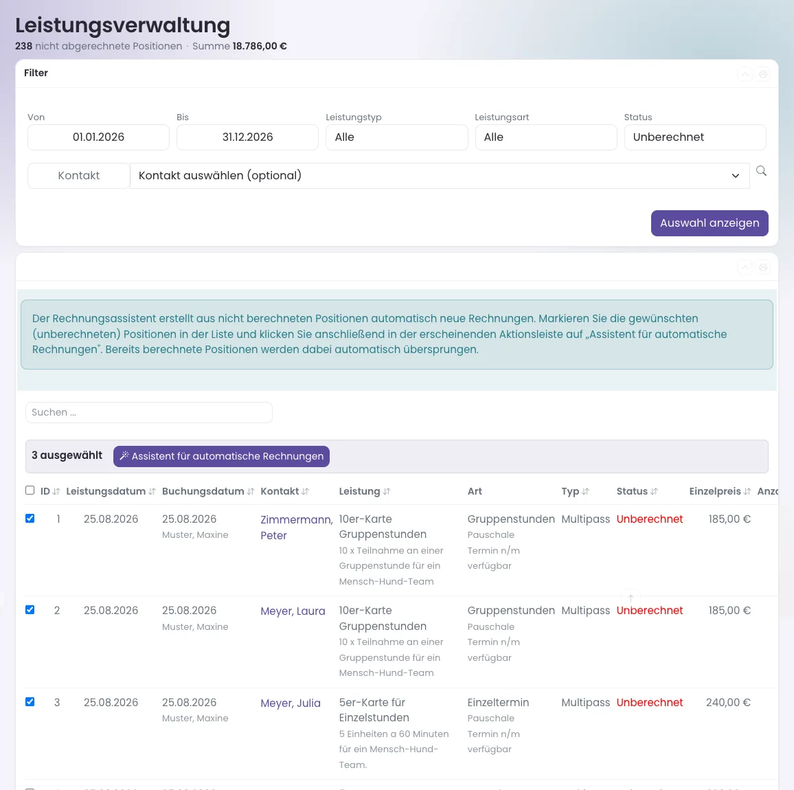 Leistungsverwaltung mit drei markierten, unberechneten Positionen