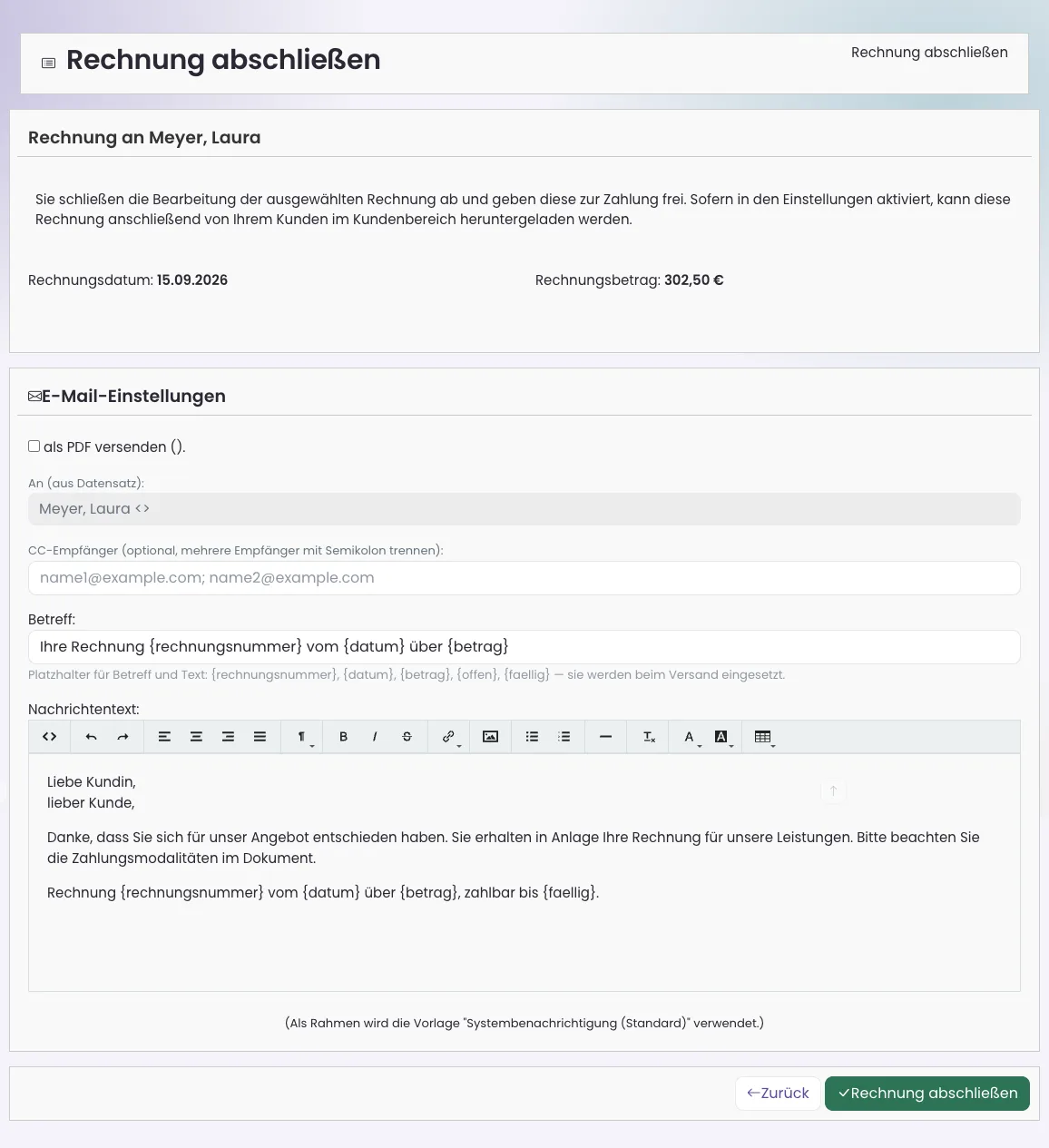 Seite Rechnung abschließen mit E-Mail-Einstellungen