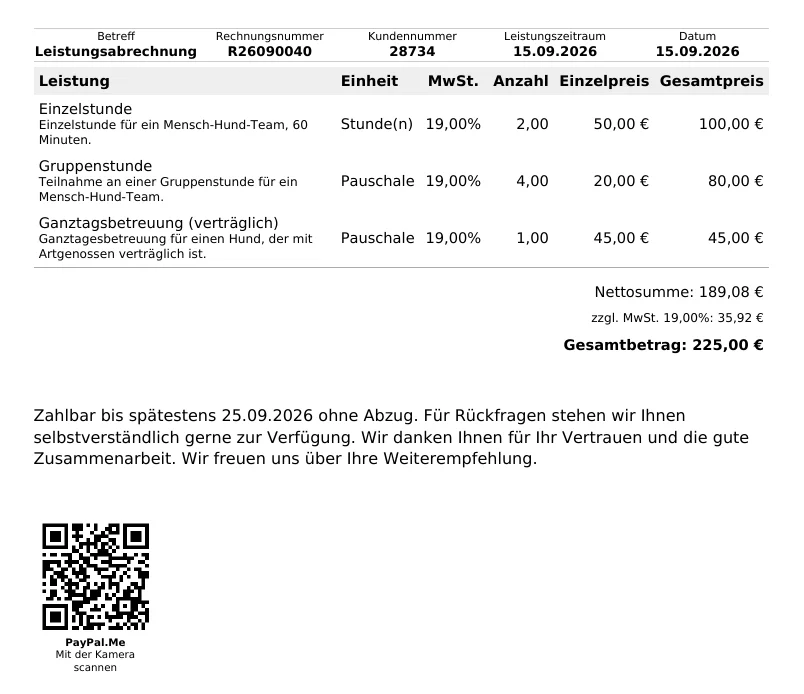 Ausschnitt eines Rechnungs-PDFs mit PayPal.Me-QR-Code