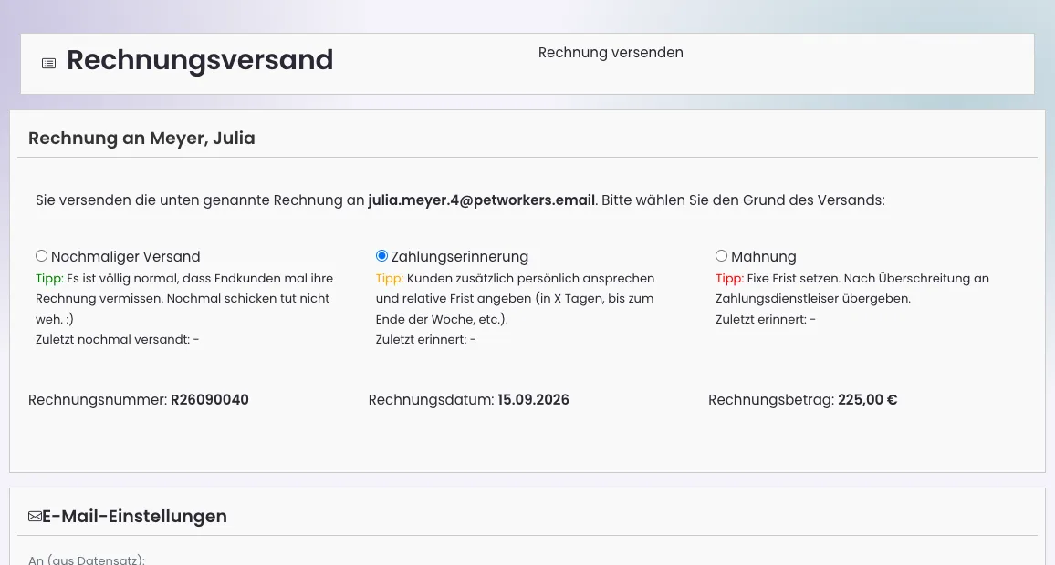 Seite Rechnungsversand mit gewählter Zahlungserinnerung