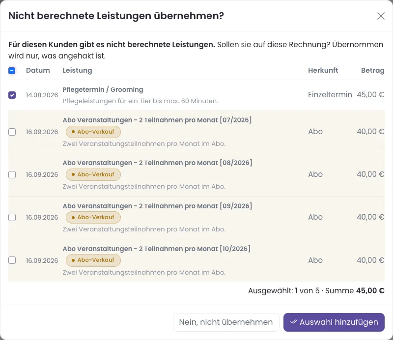 Fenster „Nicht berechnete Leistungen übernehmen?" mit fünf offenen Leistungen