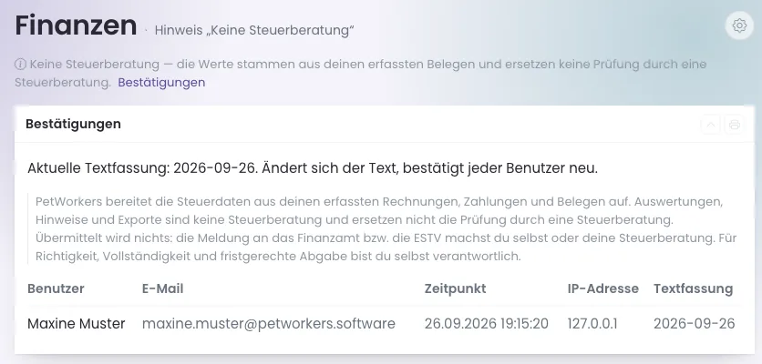 Seite Hinweis Keine Steuerberatung mit der aktuellen Textfassung und einer Bestätigung mit Benutzer, E-Mail, Zeitpunkt, IP-Adresse und Textfassung