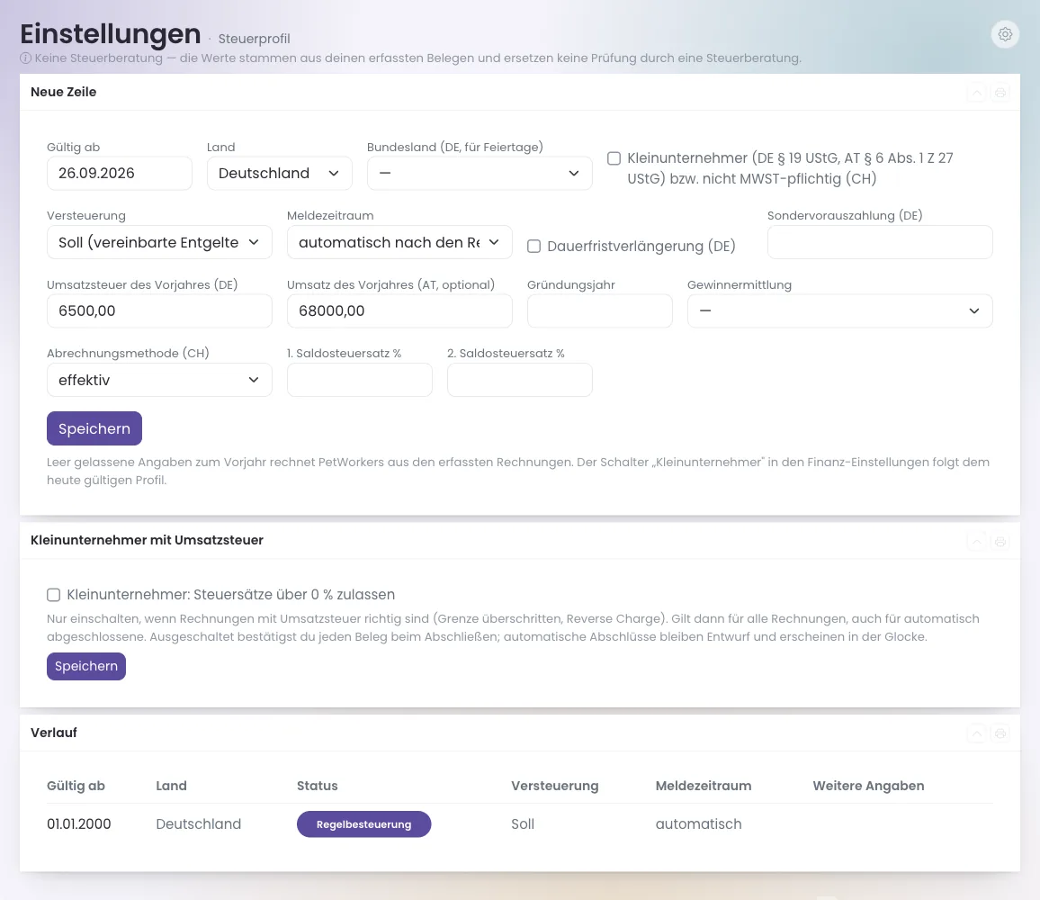 Steuerprofil mit Land, Versteuerung, Meldezeitraum und Verlauf
