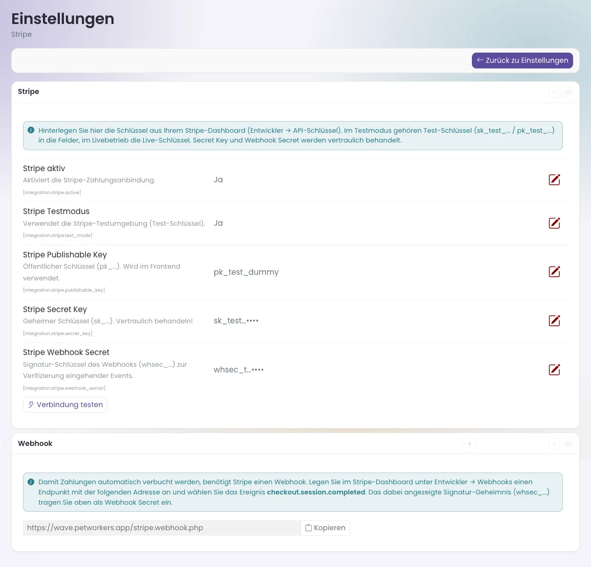 Stripe-Einstellungen mit Schlüsseln, Verbindungstest und Webhook-Adresse