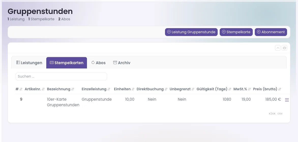 Leistungen → Gruppenstunden, Reiter Stempelkarten
